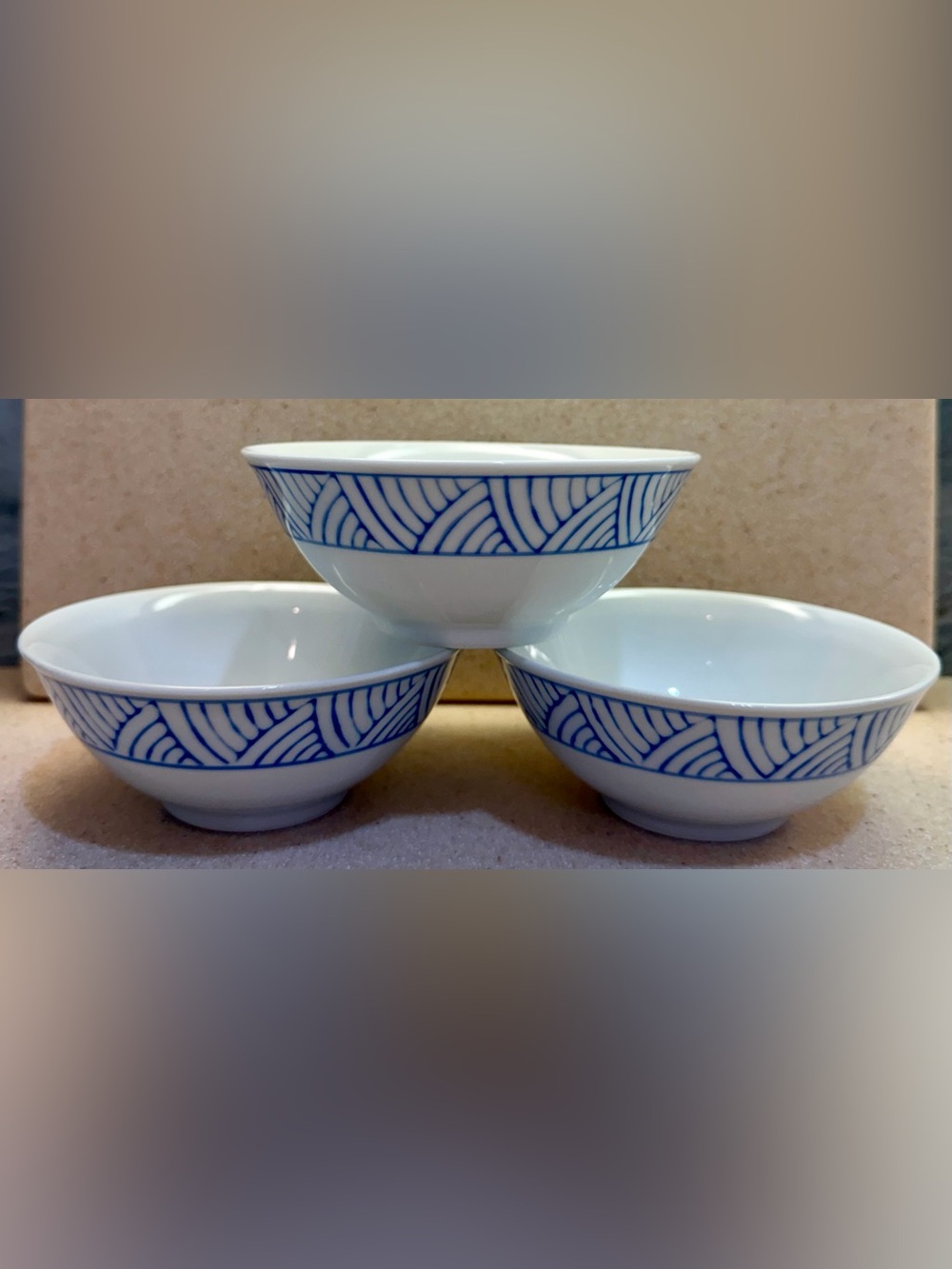 Blue Wave Geometric Pattern Porcelain Serving Rice Bowls - Set of 3 White w/Blue